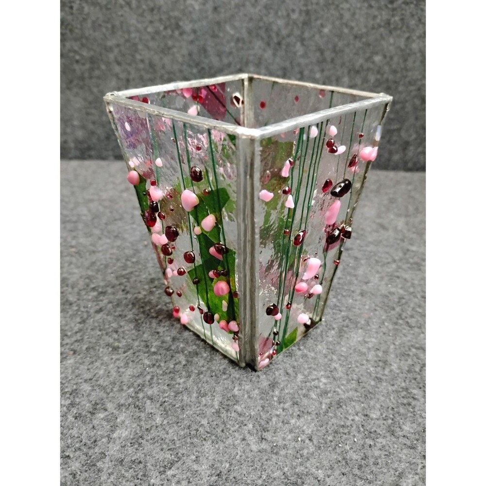 Handcrafted Vintage Fused Art Glass Confetti Votive Candle Holder Pink Green